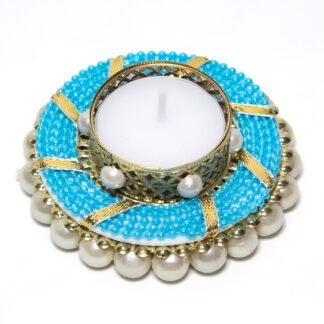 Diwali Pearl Tealight Holder with unique design - 3 inch - Light Blue