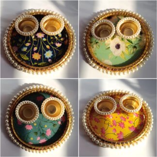 a collage of different colored Puja Thali